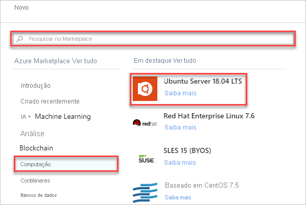 Captura de tela da seleção de um tipo de recurso no portal do Azure