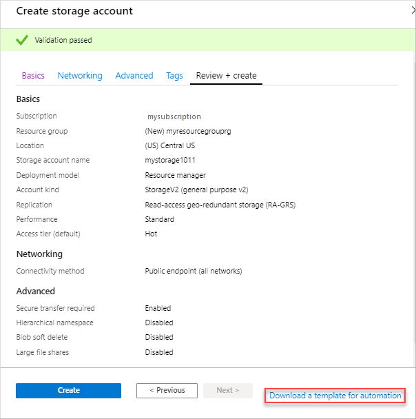 Captura de tela da opção de baixar um modelo antes da implantação no portal do Azure.