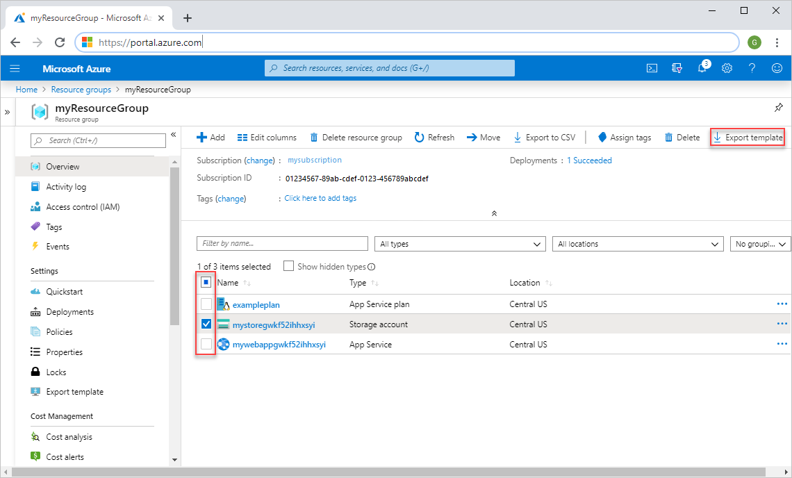 Captura de tela da seleção de todos os recursos para exportação no portal do Azure.