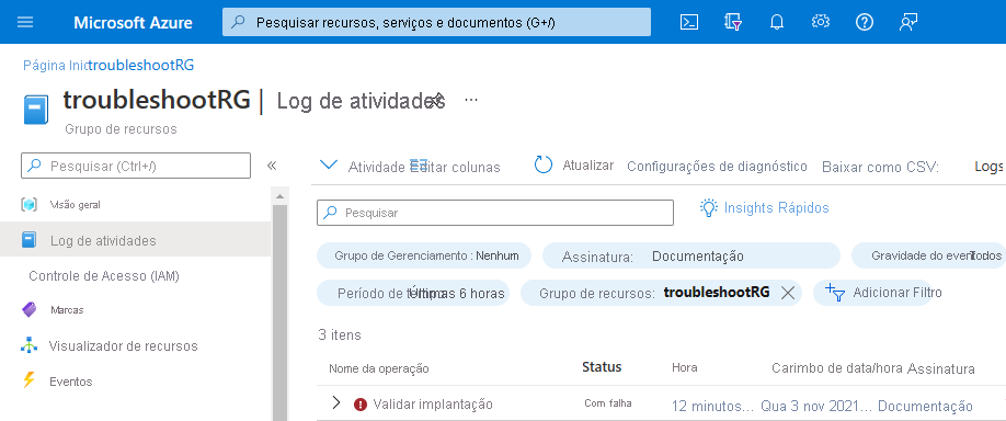 Captura de tela do log de atividades do grupo de recursos do Azure mostrando uma entrada de erro de simulação com um ícone de ponto de exclamação vermelho.