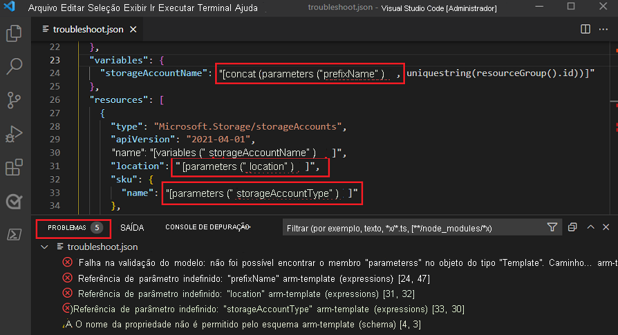 Captura de tela do Visual Studio Code mostrando a guia Problemas listando erros de referência de parâmetro indefinidos para as seções 