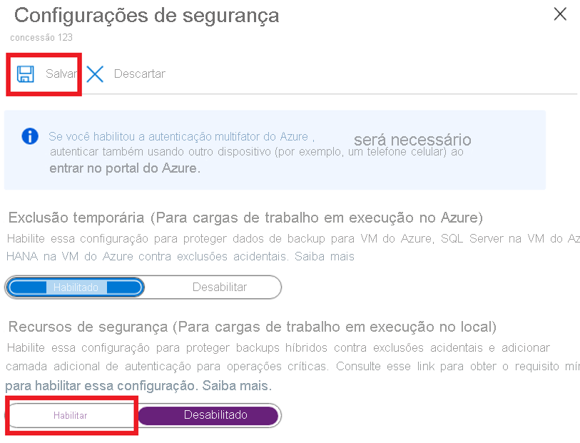 Captura de tela das configurações de segurança