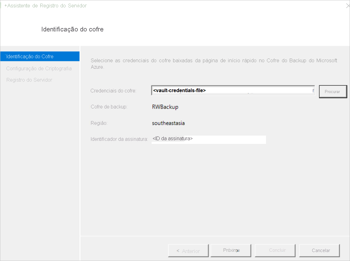 A captura de tela mostra como adicionar credenciais de cofre usando o Assistente de Registro do Servidor.