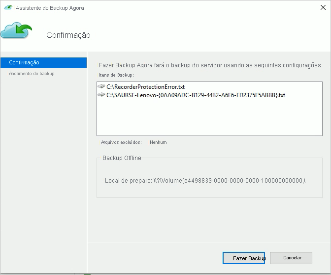 A captura de tela mostra o assistente Fazer Backup Agora.