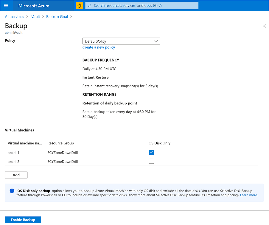 Captura de tela que mostra a configuração do backup somente para o disco do sistema operacional.