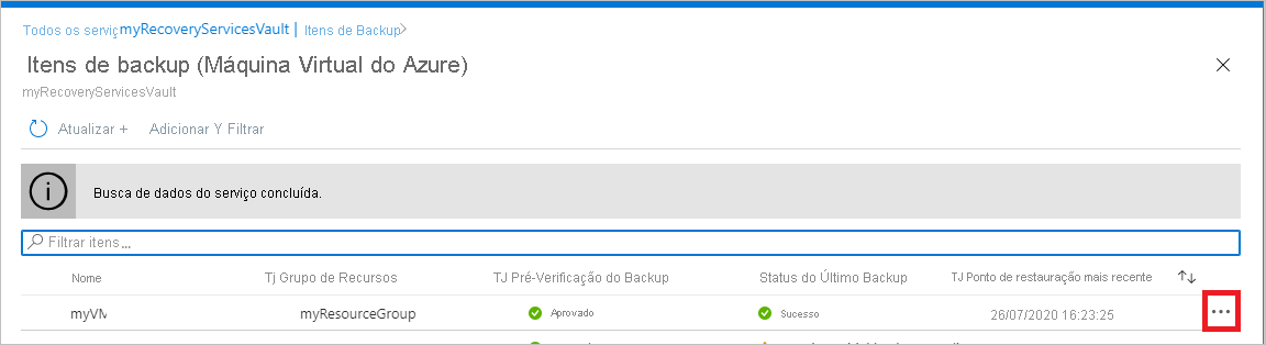 Captura de tela que apresenta o botão de reticências de um item de backup.