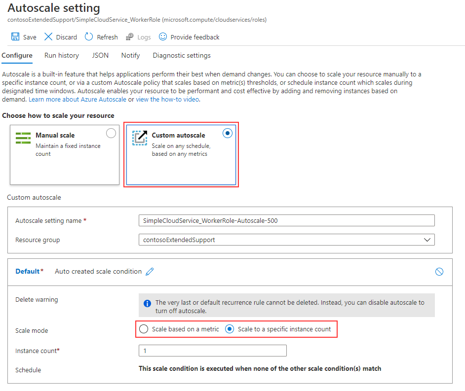 A imagem mostra como configurar o Dimensionamento Automático personalizado no portal do Azure