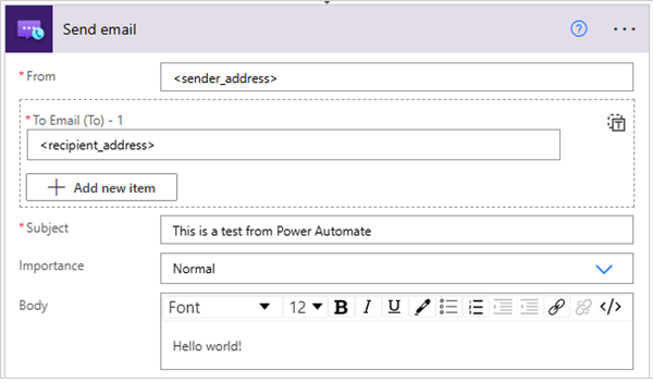 Captura de tela que mostra a entrada da ação Enviar email do conector de Email dos Serviços de Comunicação do Azure.