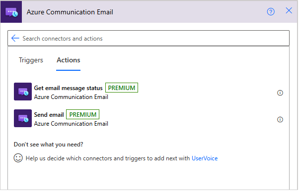 Captura de tela que mostra a ação Enviar email do conector de Email dos Serviços de Comunicação do Azure.