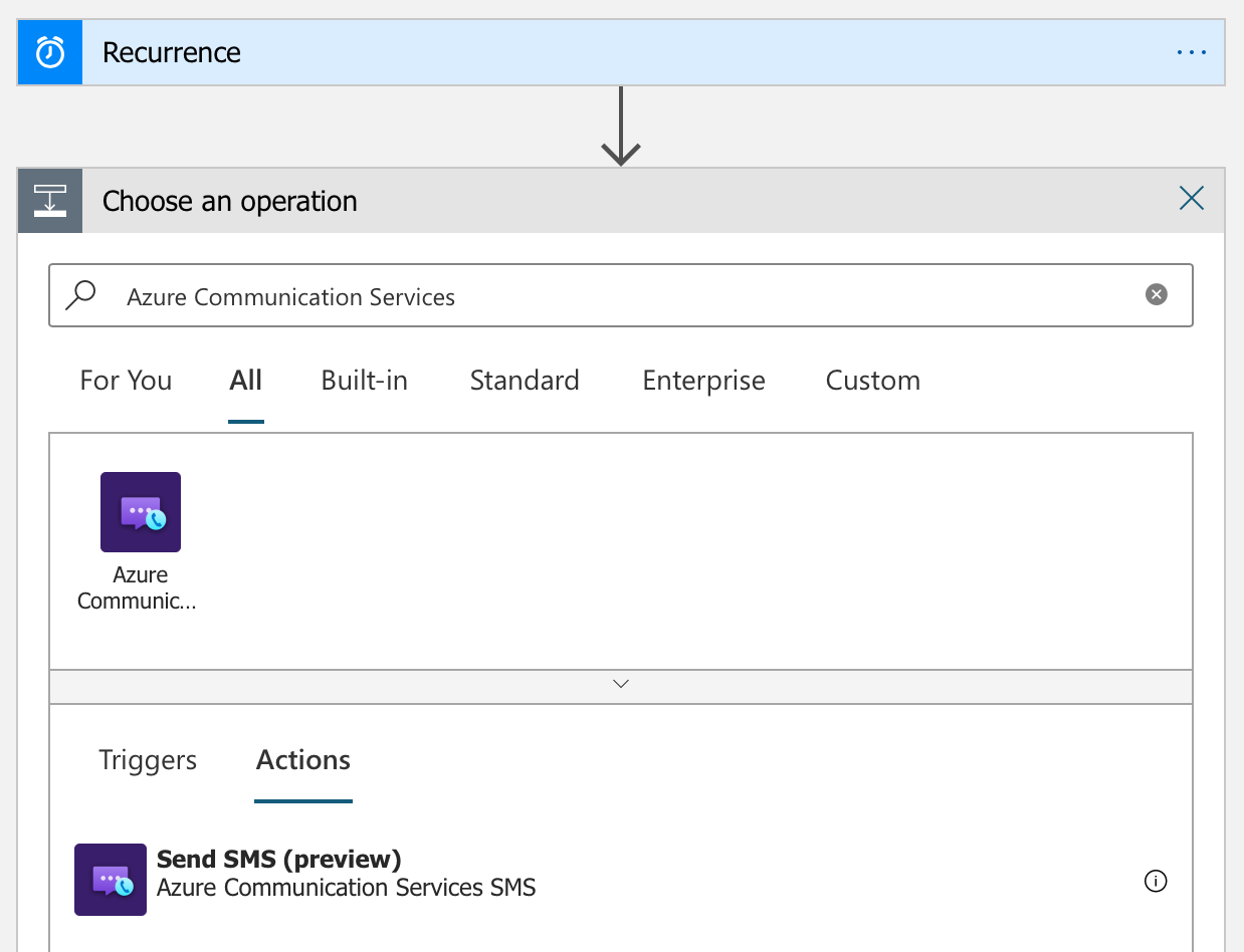 Captura de tela mostrando o Designer de Aplicativos Lógicos e&nbsp;o conector Serviços de Comunicação do Azure com a ação Enviar SMS selecionada.