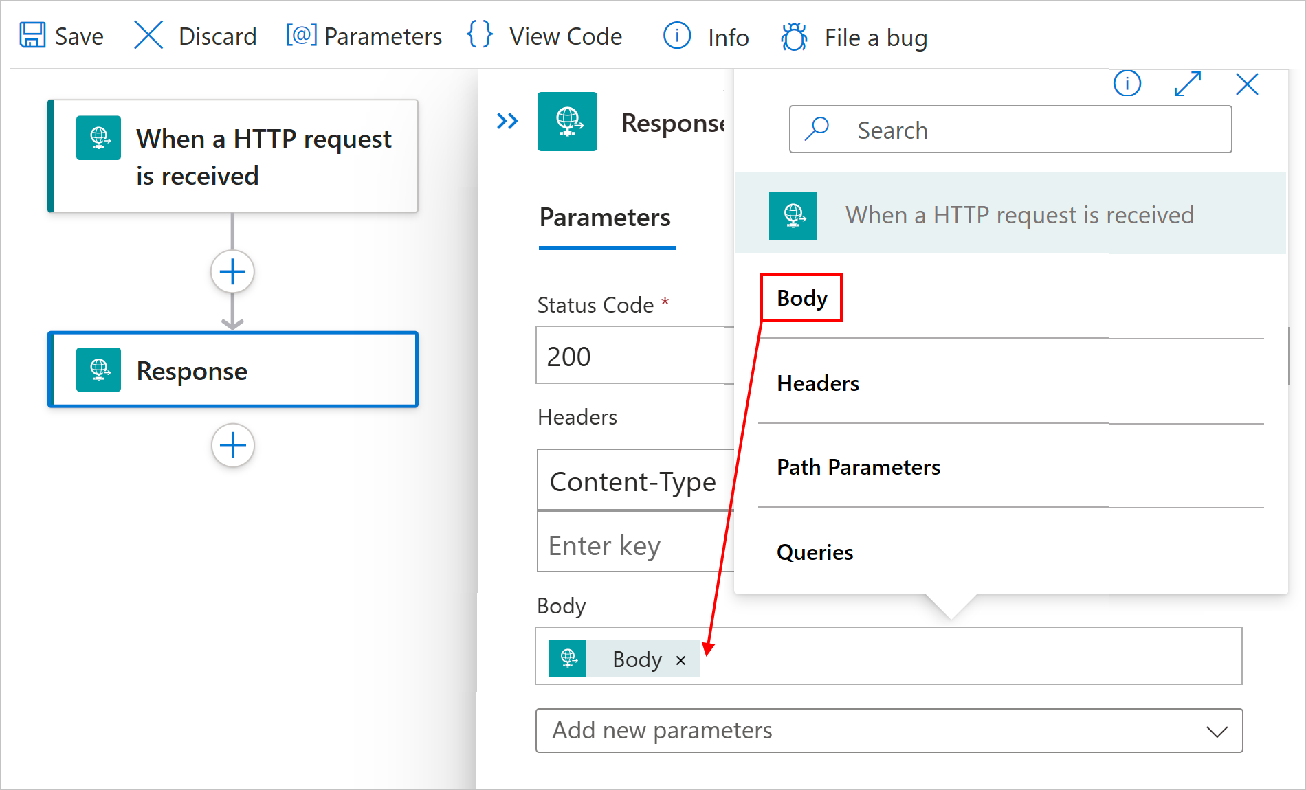 Captura de tela mostrando o portal do Azure, fluxo de trabalho Standard e as informações de ação de Resposta.