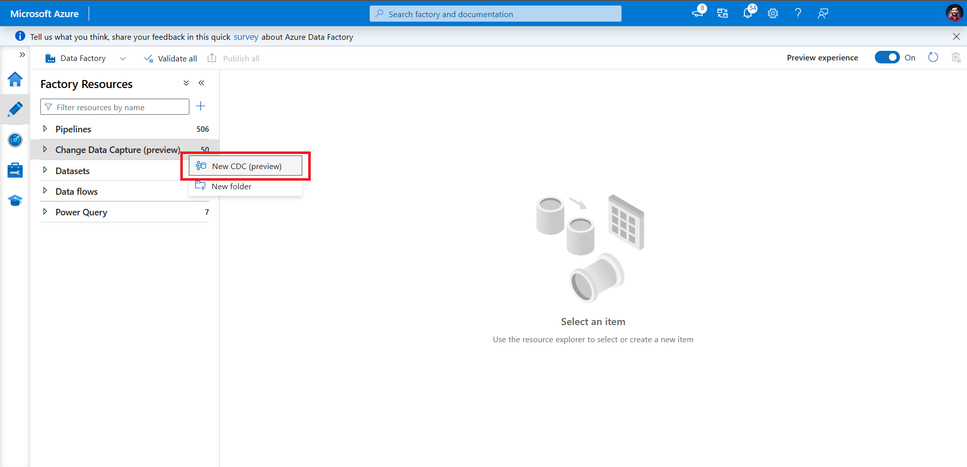 Captura de tela de uma lista de ações de captura de dados de alterações.