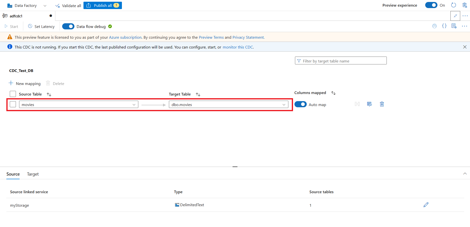 Captura de tela do mapeamento de origem para destino no estúdio de captura de dados de alterações.