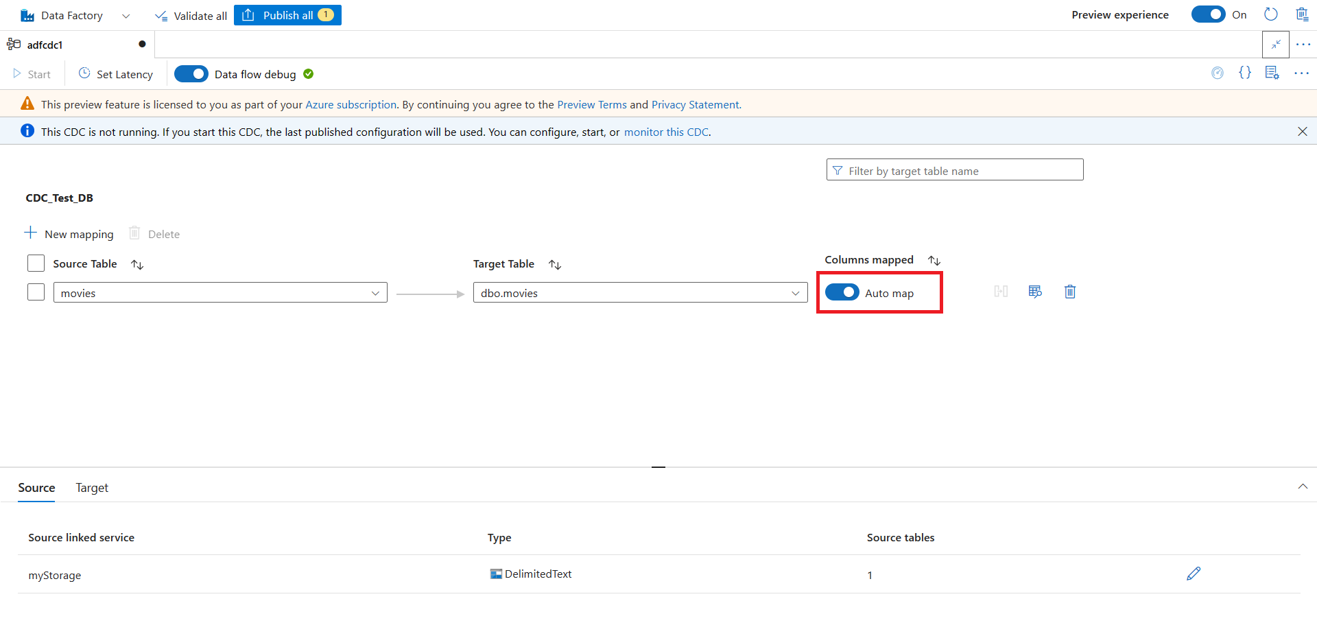 Captura de tela da alternância para mapeamento automático ativado.