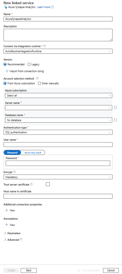 Captura de tela da configuração para um serviço vinculado do Azure Synapse Analytics.
