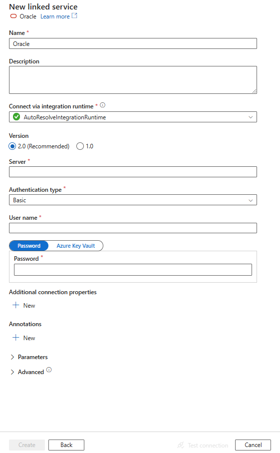 Captura de tela da configuração do serviço vinculado para Oracle.