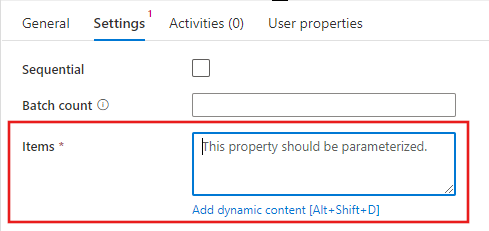 Mostra o link &nbsp;Adicionar conteúdo dinâmico&nbsp; para a propriedade Itens.