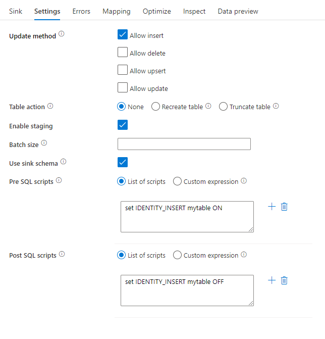 Screenshot que mostra os scripts de processamento pré e pós-SQL no fluxo de dados do Azure Synapse Analytics.