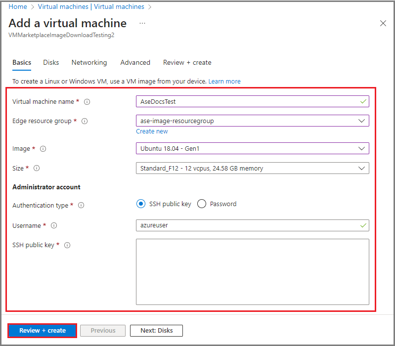 Captura de tela que mostra a guia Informações básicas na página Adicionar máquinas virtuais para um dispositivo Azure Stack Edge no portal do Azure.