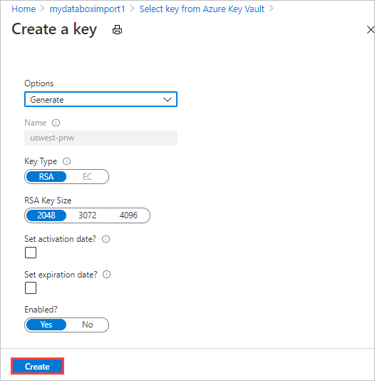 Captura de tela mostrando as opções para gerar uma nova versão de uma chave existente do Azure Key Vault para fornecer uma chave gerenciada pelo cliente na guia Segurança do pedido de exportação do Data Box.