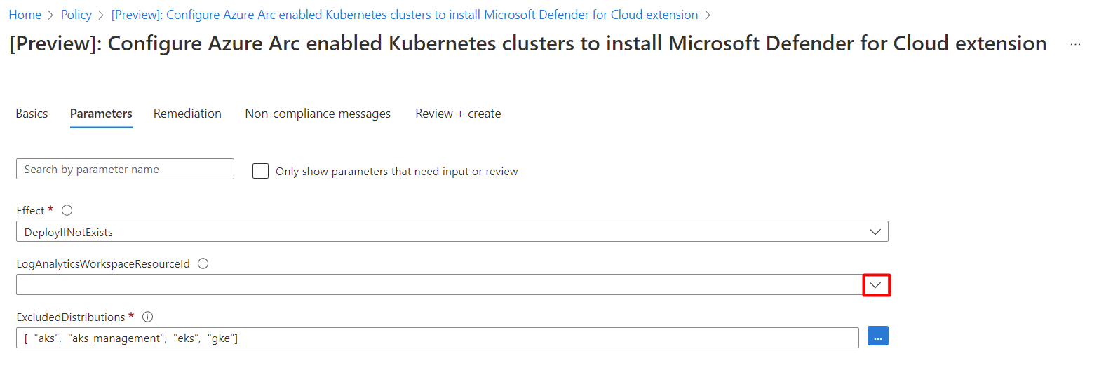 Captura de tela que mostra o menu suspenso de uma ID de recurso do workspace do Log Analytics relacionada ao Azure Arc.