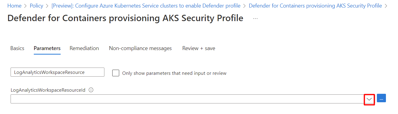 Captura de tela que mostra o menu suspenso da ID do recurso do workspace do Log Analytics.