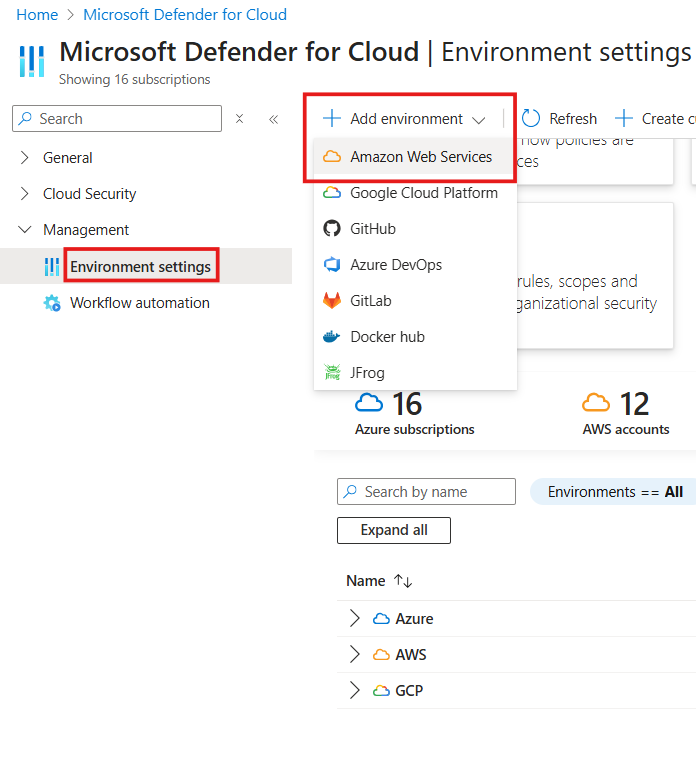 Captura de tela de seleções para adicionar um ambiente da AWS no Microsoft Defender para Nuvem.