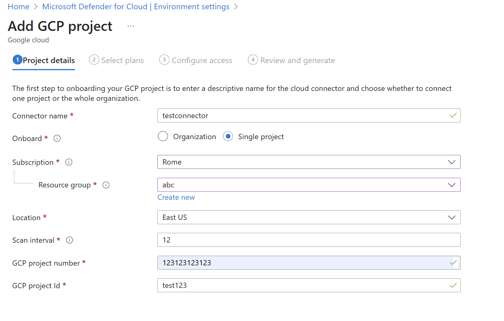 Captura de tela do formulário para preencher os detalhes da conta de um ambiente do GCP no Microsoft Defender para Nuvem.
