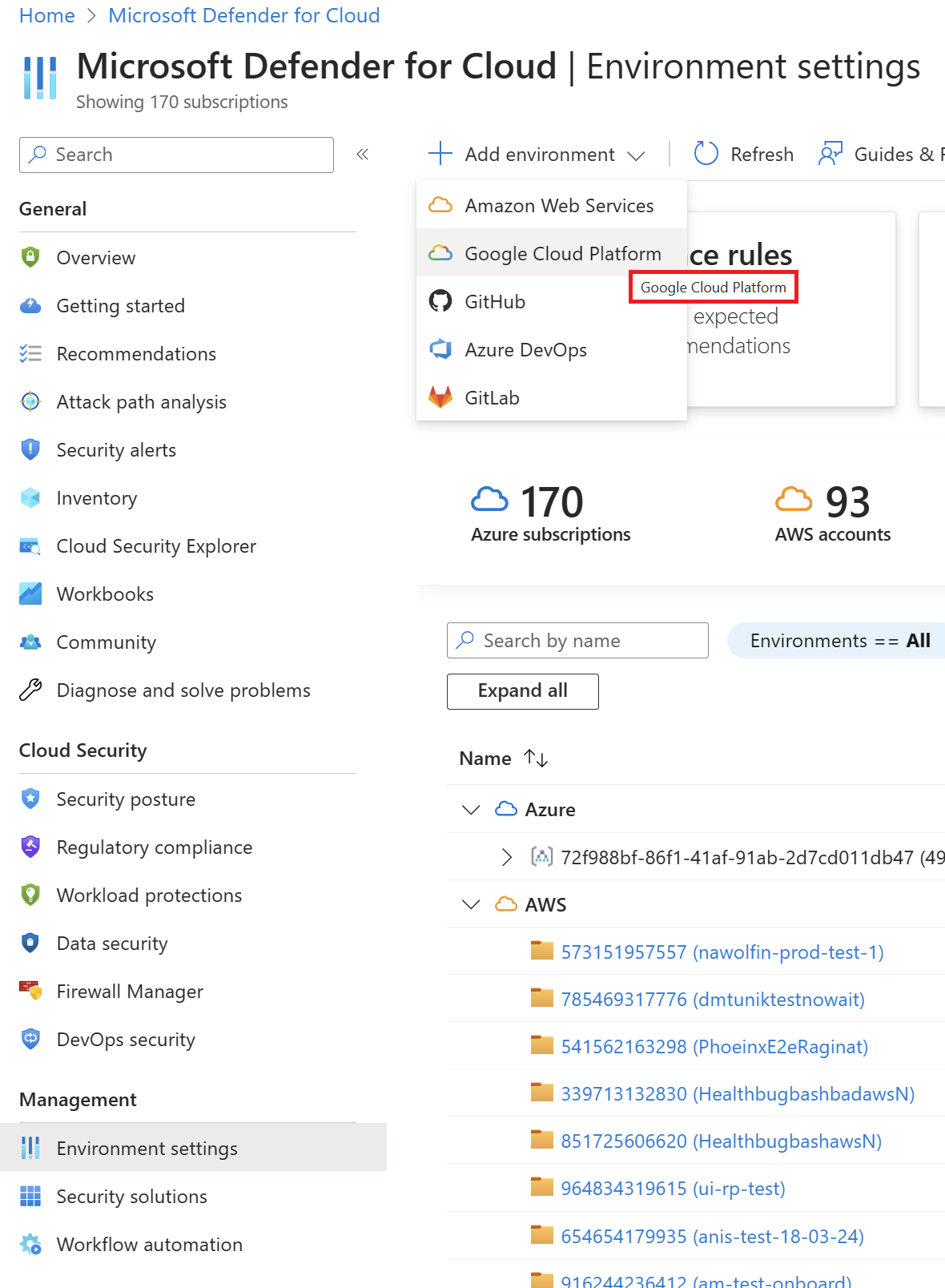 Captura de tela de como adicionar um ambiente do GCP no Microsoft Defender para Nuvem.