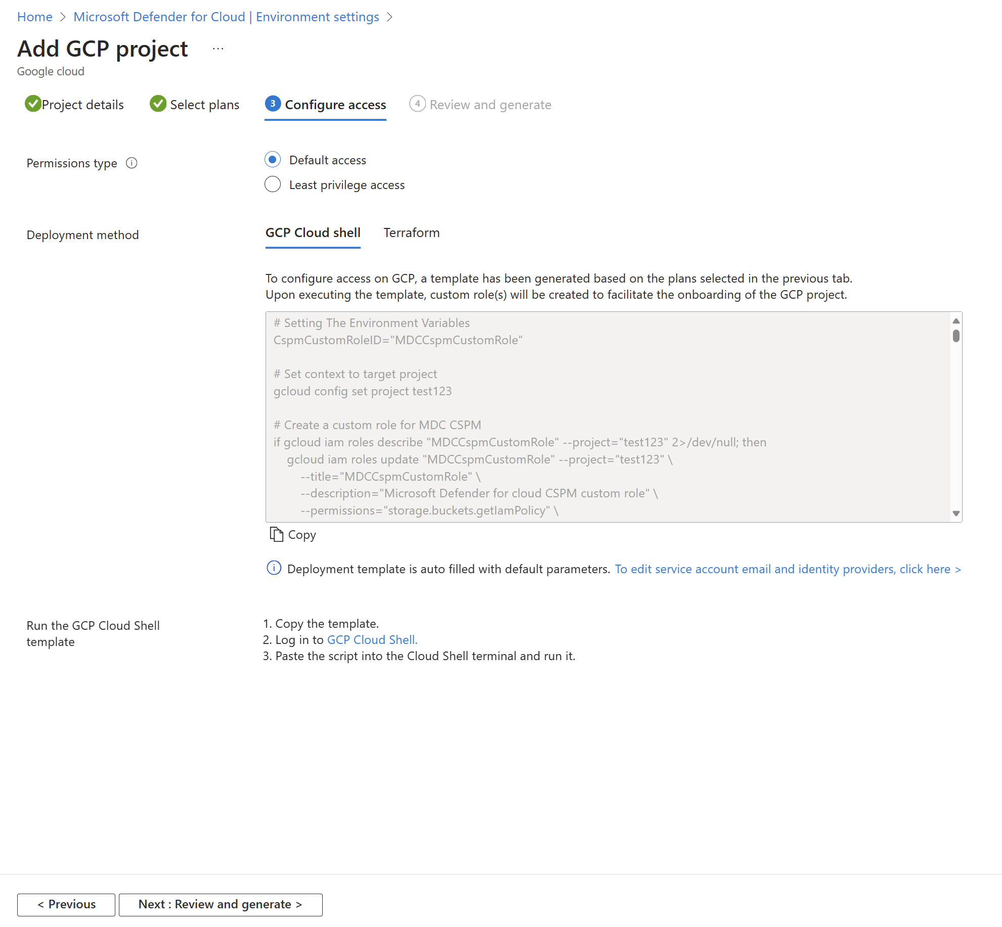 Captura de tela de como configurar o acesso para um ambiente do GCP no Microsoft Defender para Nuvem.