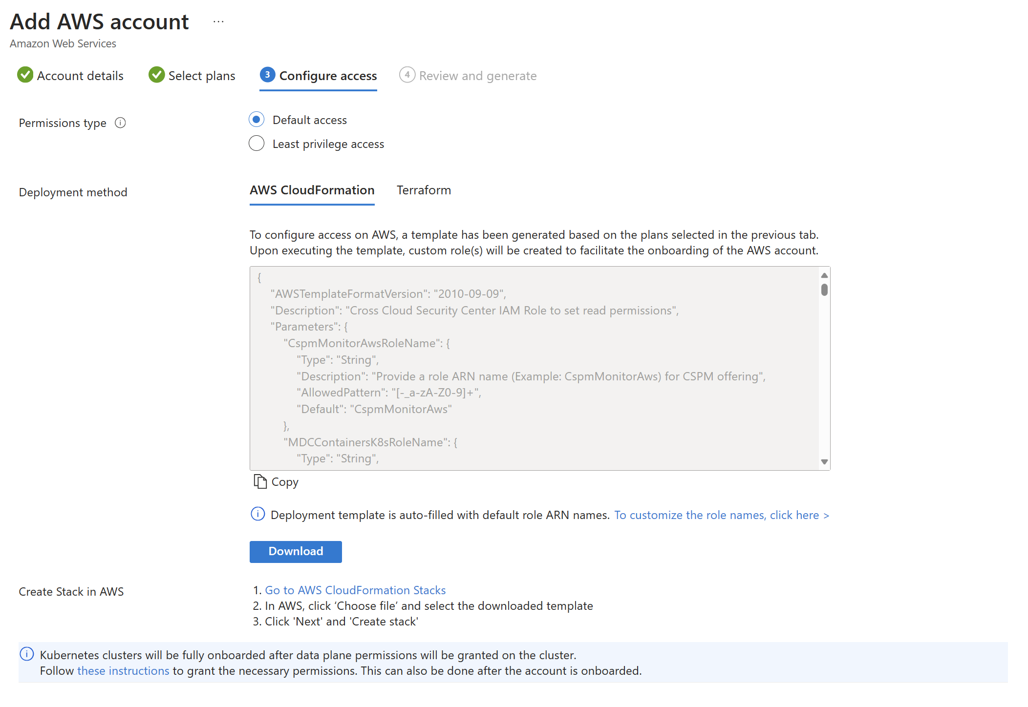 Captura de tela da página para configurar o acesso para um ambiente da AWS no Microsoft Defender para Nuvem.