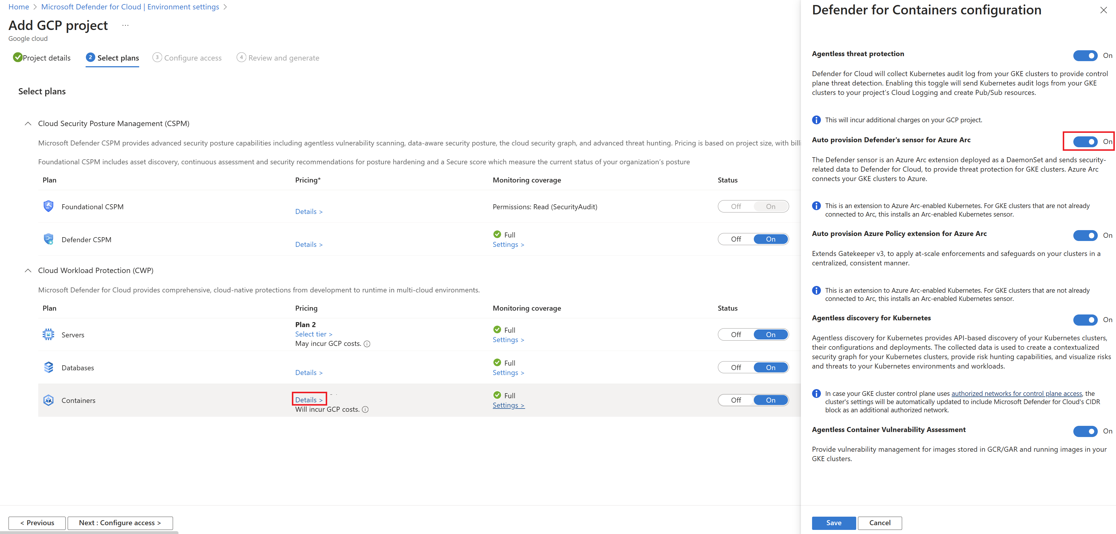 Captura de tela de seleções para habilitar o sensor do Defender para o Azure Arc no Microsoft Defender para Nuvem.