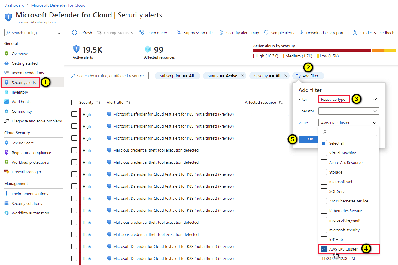 Captura de tela de seleções para usar filtros na página de alertas do Microsoft Defender para Nuvem para ver alertas relacionados aos cluster de EKS do AWS.