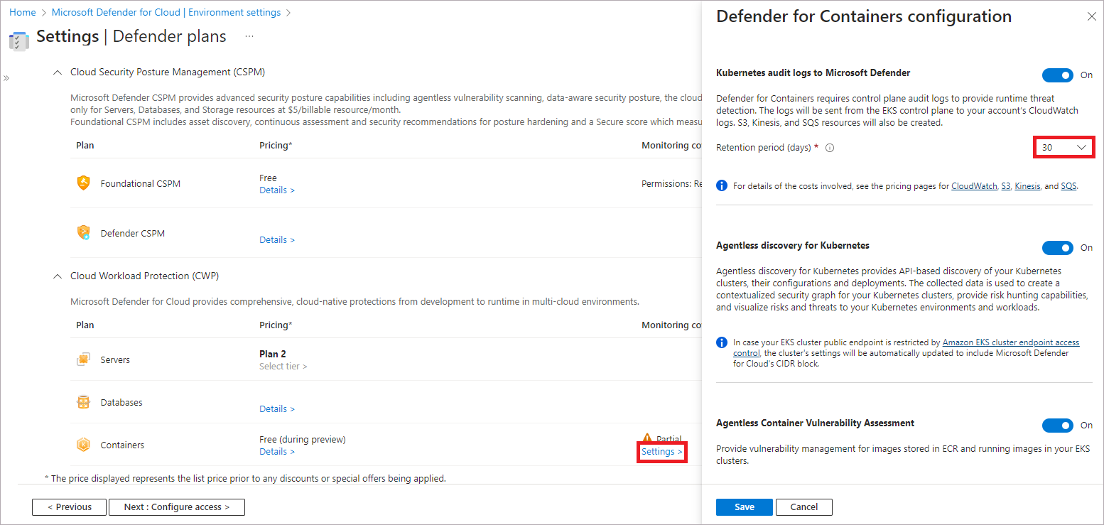 Captura de tela das configurações do plano Contêineres nas configurações de ambiente do Defender para Nuvem.