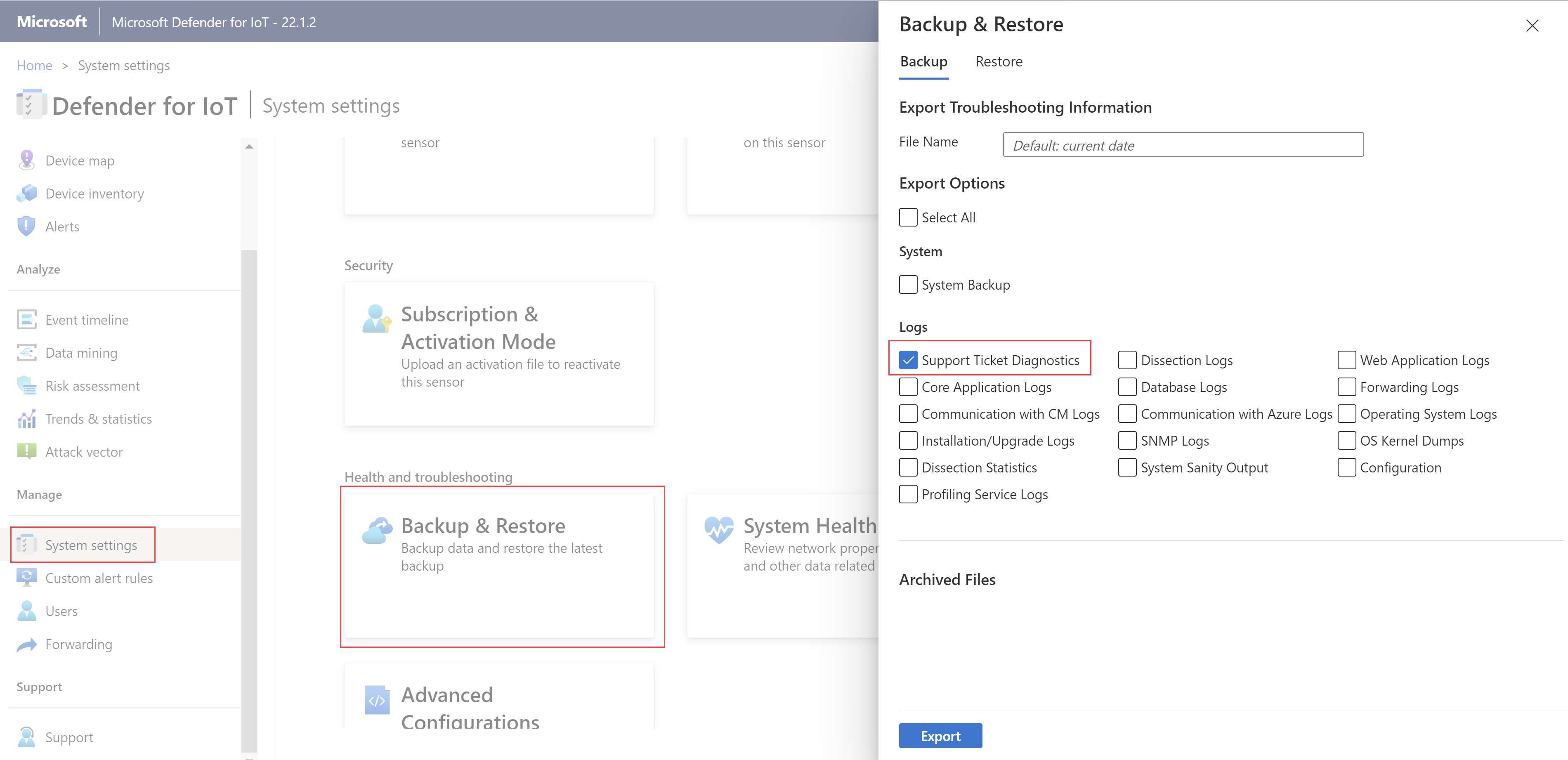 Captura de tela do painel Backup e restauração mostrando a opção Diagnóstico de tíquete de suporte.