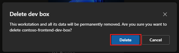 Captura de tela da mensagem de confirmação sobre a exclusão de um computador de desenvolvimento.
