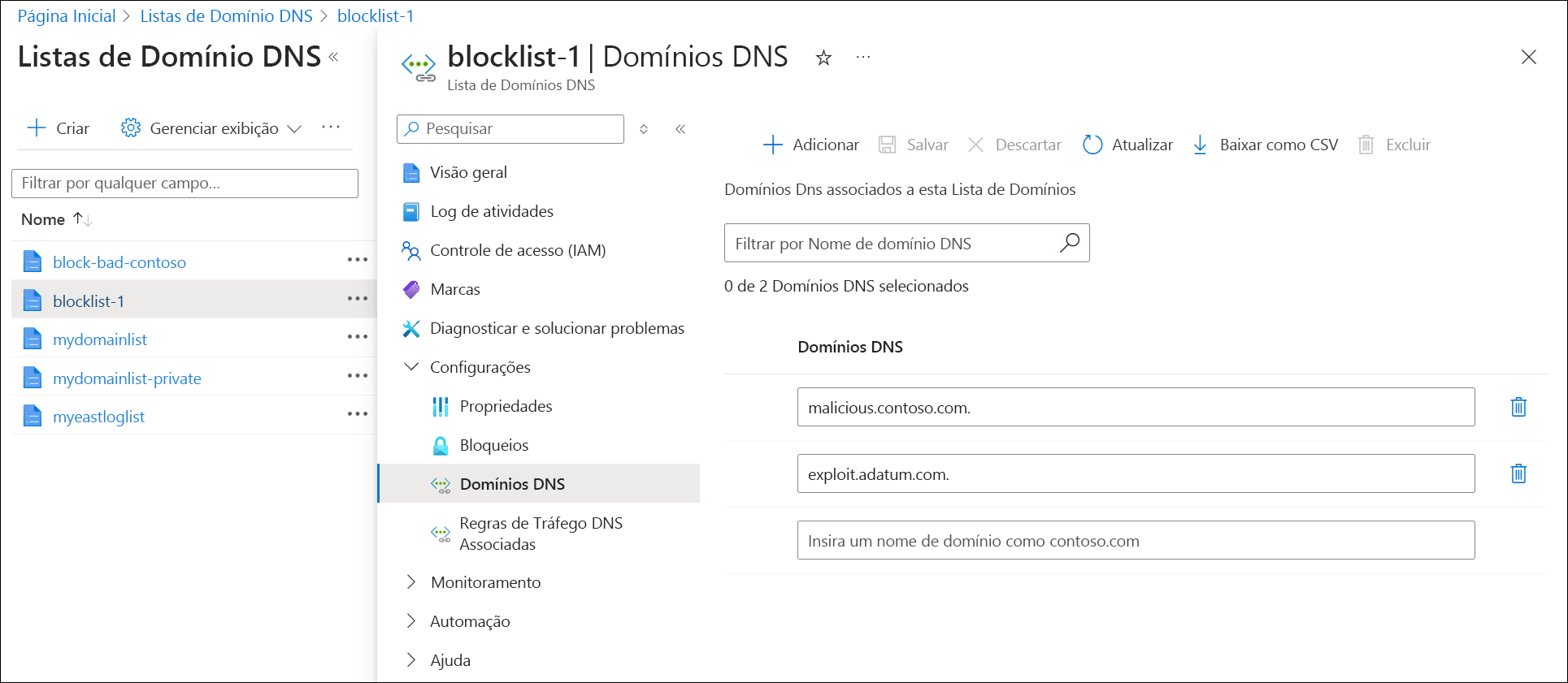Captura de tela de domínios dentro de uma lista de domínios.
