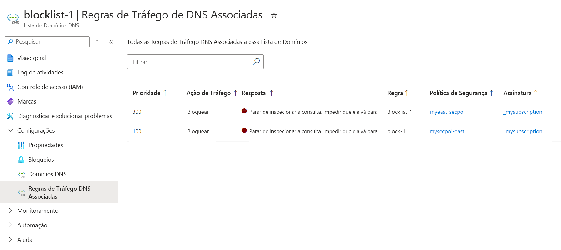 Captura de tela das regras de tráfego da lista de domínios associada.