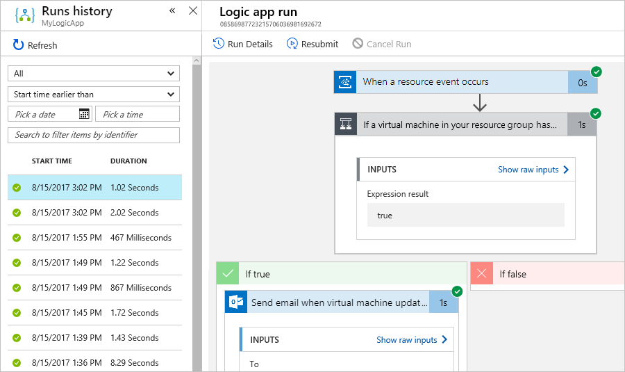 Screenshot of logic app's runs history, showing details for each run.