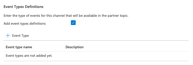 Captura de tela que mostra a seção Definições de Tipos de Evento com a opção Adicionar definições de tipos de evento selecionada.