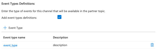 Captura de tela que mostra uma lista com a definição de tipo de evento que foi adicionada.
