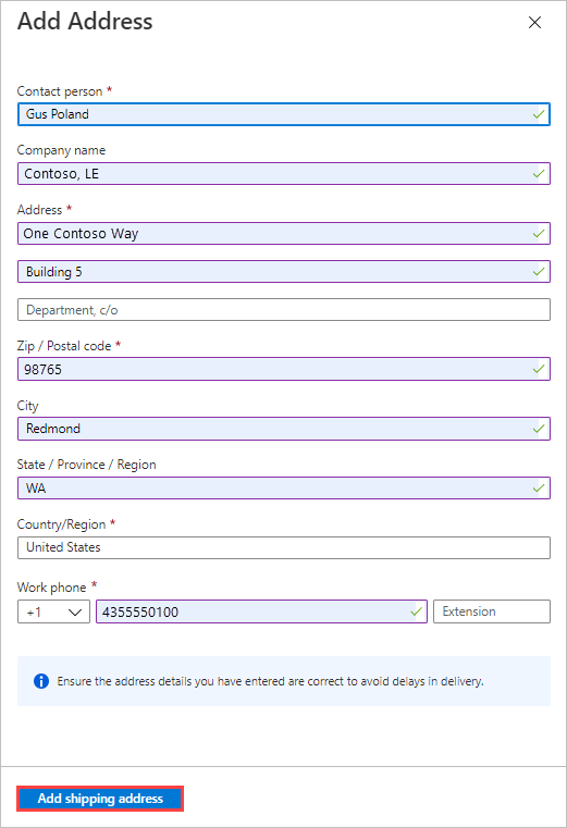 Captura de tela mostrando um endereço na folha Adicionar Endereço de um trabalho de importação no portal de Importação/Exportação do Azure. O botão Adicionar Endereço de Remessa está realçado.