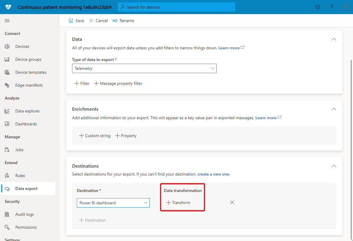 Captura de tela que mostra como adicionar uma transformação a um destino.