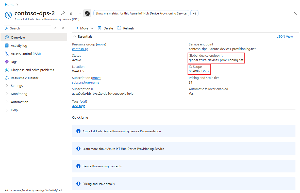 Captura de tela do ID de escopo e&nbsp;do ponto de extremidade global do dispositivo no portal do Azure.
