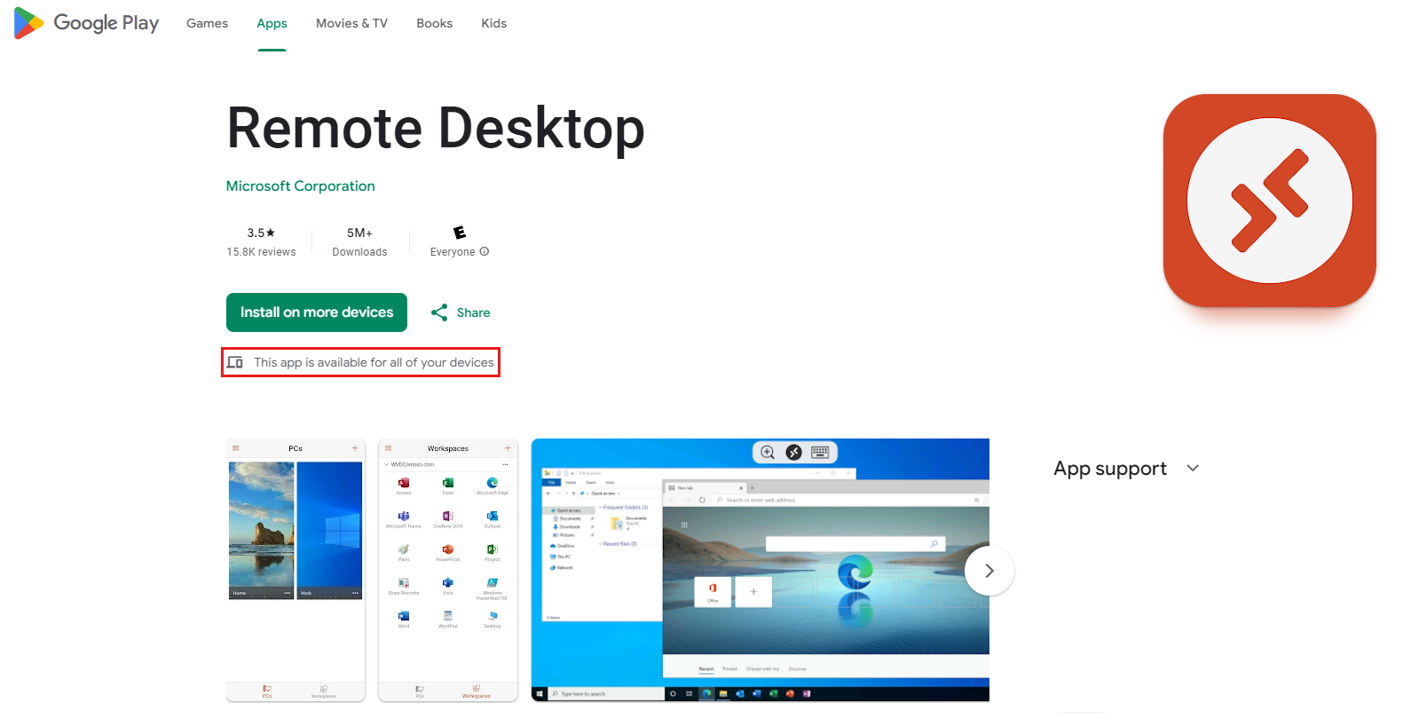 Captura de tela do aplicativo da Área de Trabalho Remota da Microsoft na loja de aplicativos com a mensagem de disponibilidade do aplicativo realçada.