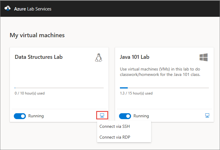 Captura de tela que mostra o bloco de VM para o aluno com as opções de conexão RDP e SSH realçadas.