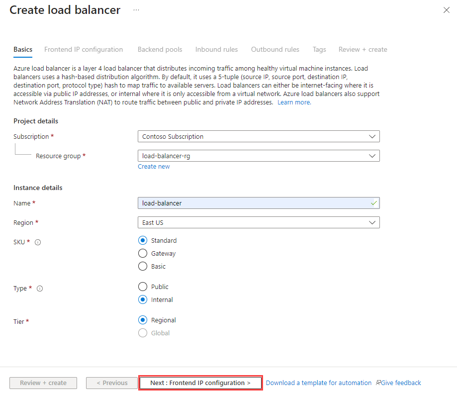 Captura de tela da guia Informações básicas da página Criar Standard Load Balancer.