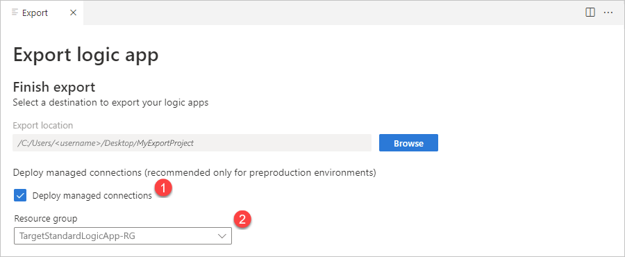 Screenshot showing 'Finish export' section with selected local export folder, 'Deploy managed connections' selected, and target resource group selected.