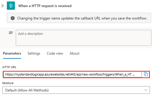 A captura de tela mostra o fluxo de trabalho Standard, o gatilho de solicitação e a URL de retorno de chamada gerada para o ponto de extremidade.