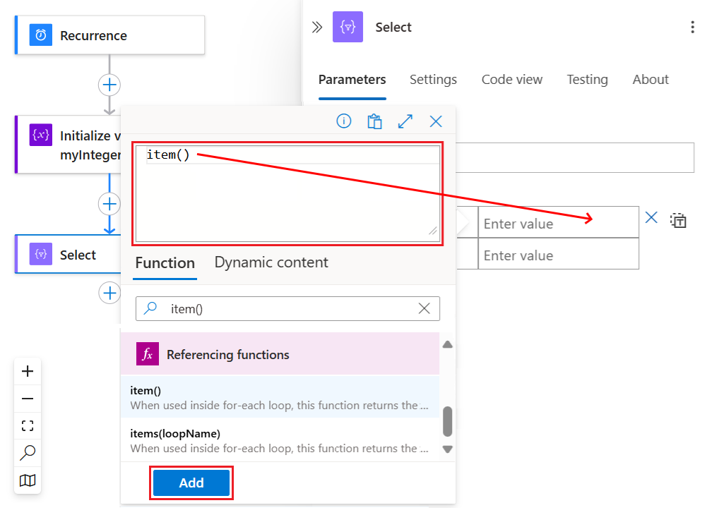 A captura de tela mostra o fluxo de trabalho de Consumo, a ação chamada Selecionar e a propriedade e os valores do objeto JSON para criar a matriz de objeto JSON.